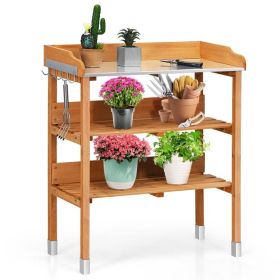 Solid Wood Outdoor Garden Bench Table with Bottom Storage Shelves and Metal Top