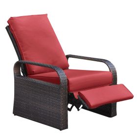 Outdoor Garden Recliner Chair, Automatic Adjustable Wicker Lounge Recliner Chair with Comfy Thicken Cushion, All Weather Aluminum Frame, Brown Wicker