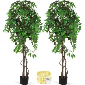 2Pack 6FT Artificial Ficus Tree Tall Faux Trees Indoor,Fake Silk Tree Fake Plants with Plastic Nursery Pot for Office Home Decor