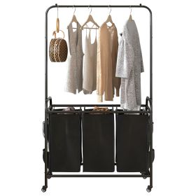 3 Bags Laundry Sorter with Garment Hanging Bar Laundry Hamper Rolling Cart Laundry Basket Organizer with Lockable Wheels 3 Removable Bags