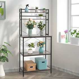 5-Tier Kitchen Bakers Rack with 10 S-Shaped Hooks; Industrial Microwave Oven Stand; Free Standing Kitchen Utility Cart Storage Shelf Organizer (Rustic