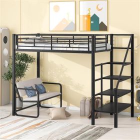 Twin Size Metal Loft Bed with Bench and Storage Staircase, Black