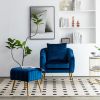 Velvet Accent Chair with Ottoman, Modern Tufted Barrel Chair Ottoman Set for Living Room Bedroom, Golden Finished, Blue