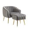 Velvet Accent Chair with Ottoman, Modern Tufted Barrel Chair Ottoman Set for Living Room Bedroom, Golden Finished, Grey