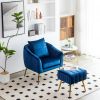 Velvet Accent Chair with Ottoman, Modern Tufted Barrel Chair Ottoman Set for Living Room Bedroom, Golden Finished, Blue