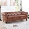 84.65"BROWN PU Rolled Arm Chesterfield Three Seater Sofa.