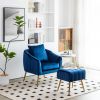 Velvet Accent Chair with Ottoman, Modern Tufted Barrel Chair Ottoman Set for Living Room Bedroom, Golden Finished, Blue