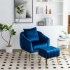 Velvet Accent Chair with Ottoman, Modern Tufted Barrel Chair Ottoman Set for Living Room Bedroom, Golden Finished, Blue