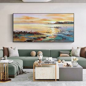 Hand Oil Painting Canvas Wall Art Decoration Abstract Seascape Painting Colorful Seaside Sunset for Home Living Room hallway bedroom luxurious decorat (size: 90x120cm)