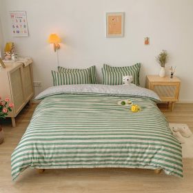 Washed Cotton Bedding 4 Piece Set 1.5m-2.2m Quilt Cover Sheet Pillowcase Plaid Stripes Student Dormitory Adult Child Boys Girls (Color: Stripes - Green, size: 1.8m bed 4-piece set)