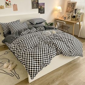 Washed Cotton Bedding 4 Piece Set 1.5m-2.2m Quilt Cover Sheet Pillowcase Plaid Stripes Student Dormitory Adult Child Boys Girls (Color: Checkerboard - Black, size: 1.8m bed 4-piece set)