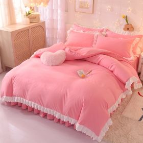 Princess Style Girl Brushed Multicolor 4-piece Set Quilt Cover Sheet Pillowcase Spring Autumn Winter Solid Fleece Thick Bedskirt (Color: Pink, size: 2m bed 4-piece set)