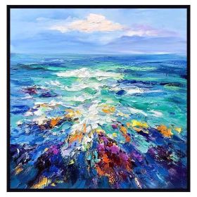 Modern Artist Painted Abstract Dark Blue Sea Oil Painting On Canvas Wall Art Frameless Picture Decor For Living Room Home Gift (size: 70x70cm)