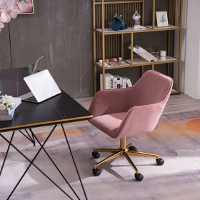 Modern Velvet Fabric Material Adjustable Height 360 revolving Home Office Chair with Gold Metal Legs and Universal Wheels for Indoor (Color: Pink)