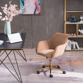 Modern Velvet Fabric Material Adjustable Height 360 revolving Home Office Chair with Gold Metal Legs and Universal Wheels for Indoor (Color: Light Coffee Brown)