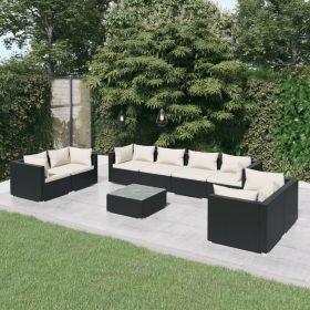 9 Piece Patio Lounge Set with Cushions Poly Rattan Black (Color: Black)