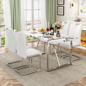 5-Piece Dining Table Chairs Set, Rectangular Dining Room Table Set for 4, Modern Dining Table with 4 PU Leather Chairs for Kitchen Dining Room (Material: Steel, Color: White)