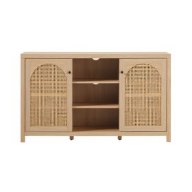 Transitional 58" 2-Door Sideboard with Arched Rattan Panels, Black (Color: as Pic)