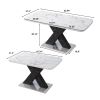 Modern Square Dining Table;  Stretchable;  Printed Black/white Marble +MDF X-Shape Table Leg with Metal Base