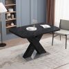 Modern Square Dining Table;  Stretchable;  Printed Black/white Marble +MDF X-Shape Table Leg with Metal Base